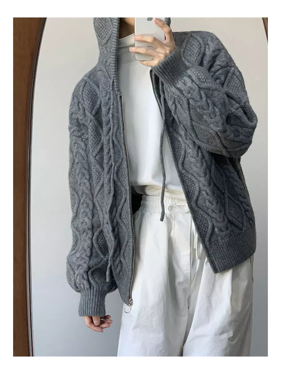 Unisex Cable Knit Hooded Cardigan For Fall/Winter
