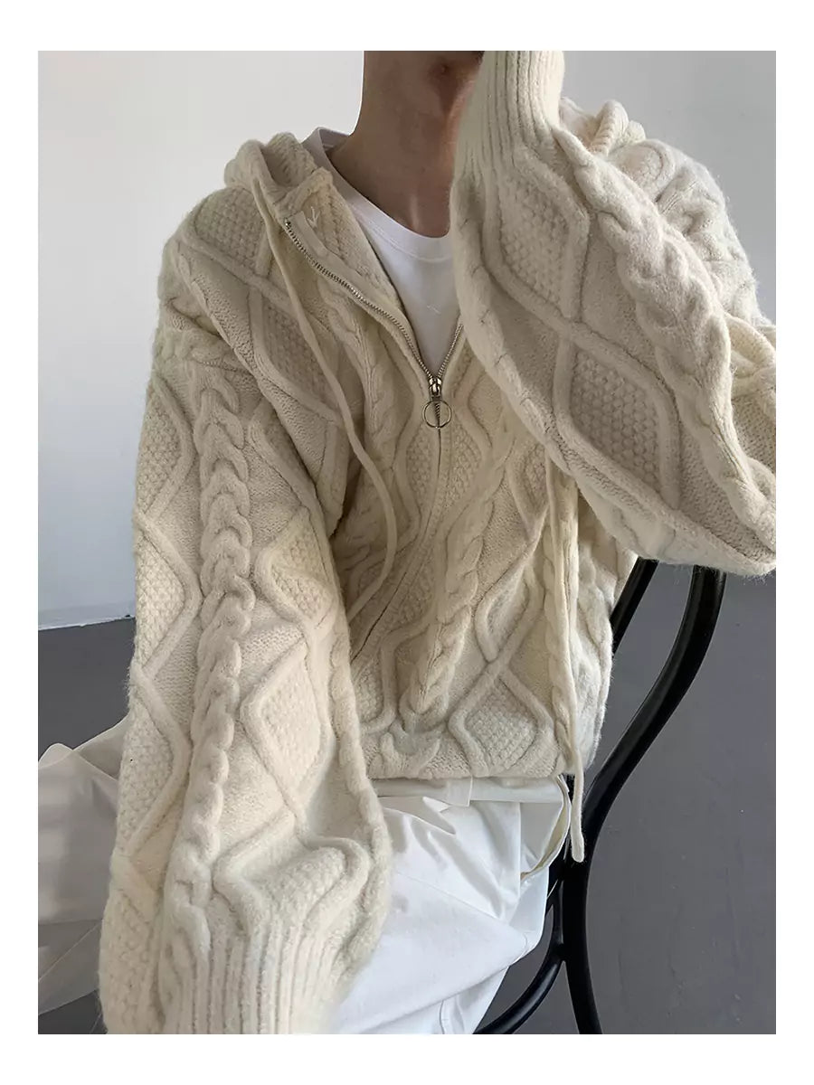 Unisex Cable Knit Hooded Cardigan For Fall/Winter