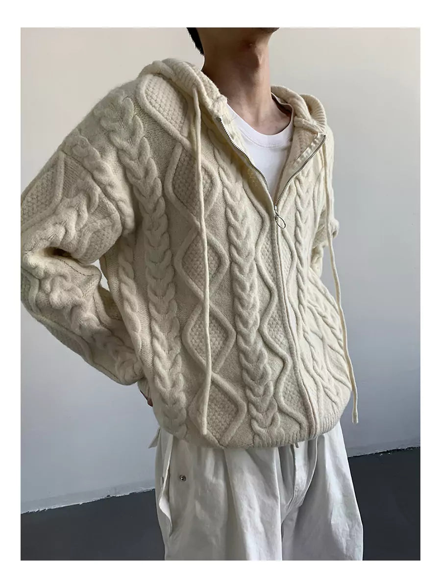 Unisex Cable Knit Hooded Cardigan For Fall/Winter