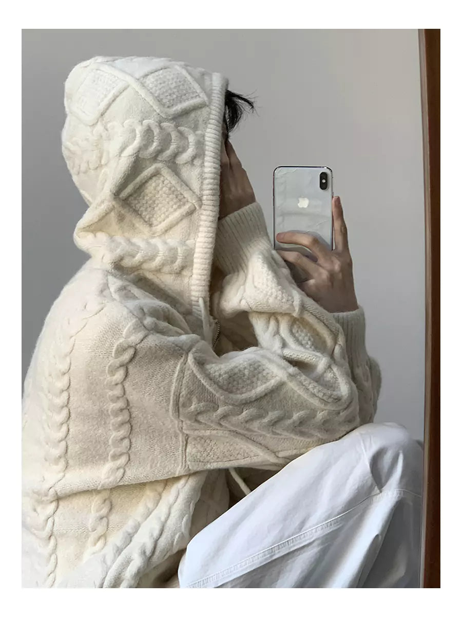 Unisex Cable Knit Hooded Cardigan For Fall/Winter