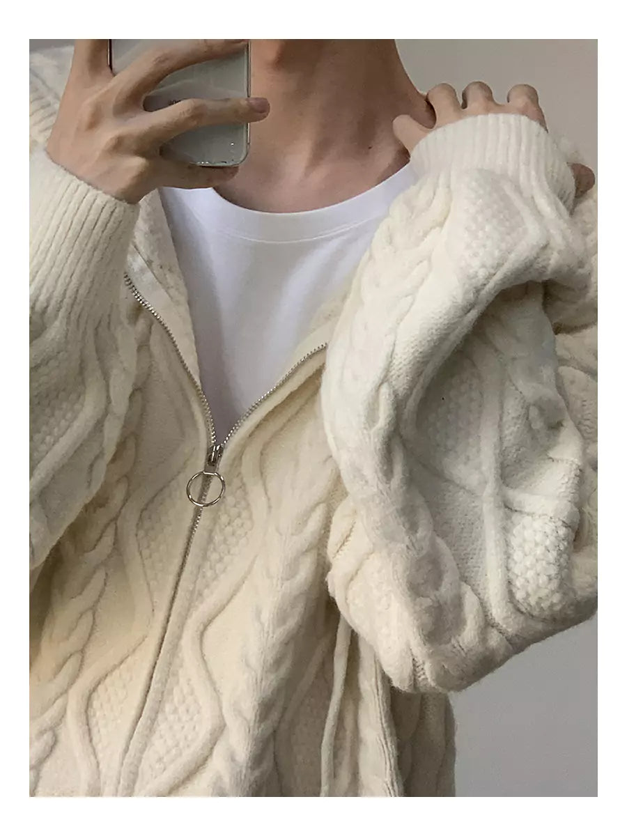 Unisex Cable Knit Hooded Cardigan For Fall/Winter