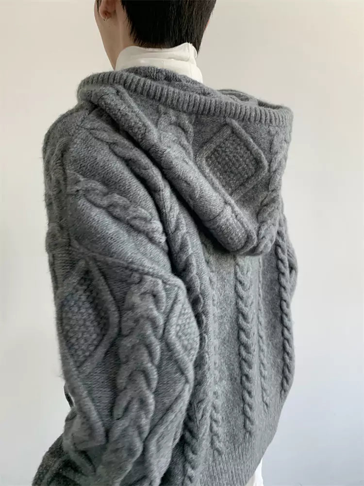Unisex Cable Knit Hooded Cardigan For Fall/Winter
