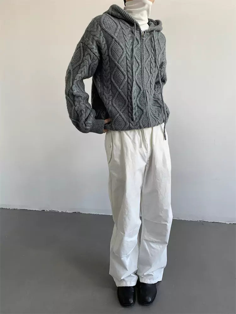 Unisex Cable Knit Hooded Cardigan For Fall/Winter
