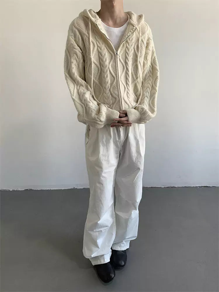 Unisex Cable Knit Hooded Cardigan For Fall/Winter