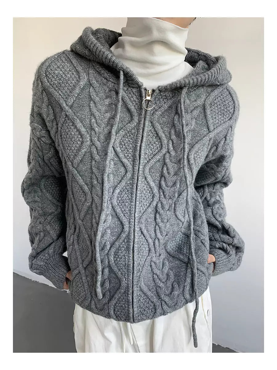 Unisex Cable Knit Hooded Cardigan For Fall/Winter