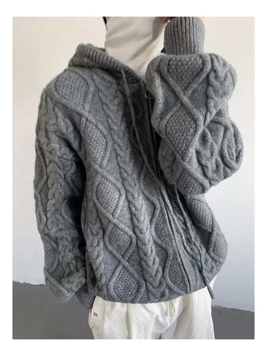 Unisex Cable Knit Hooded Cardigan For Fall/Winter