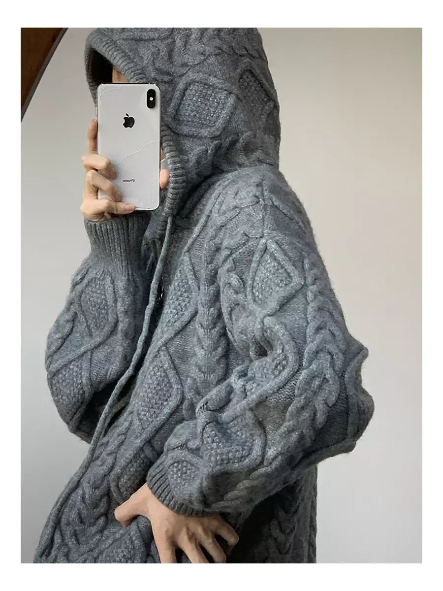 Unisex Cable Knit Hooded Cardigan For Fall/Winter