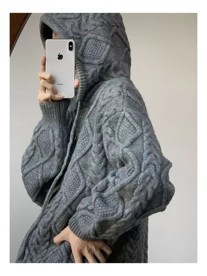 Unisex-Kapuzenstrickjacke mit Zopfmuster für Herbst/Winter