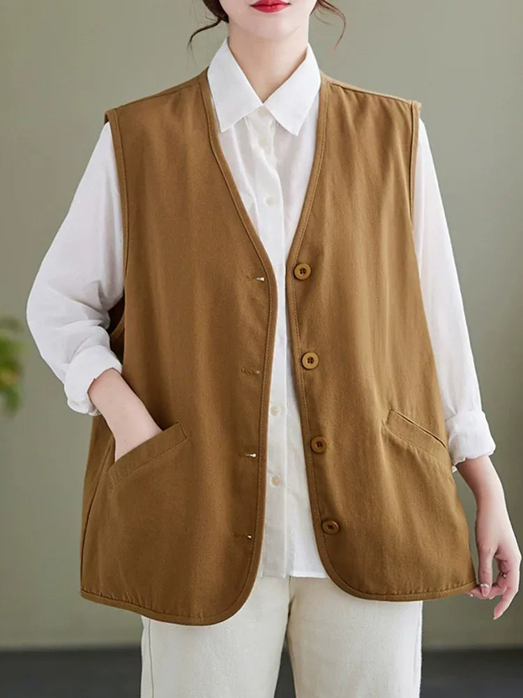V-Neck Button Front Sleeveless Vest with Welt Pockets