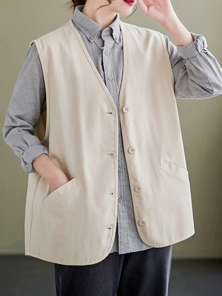 V-Neck Button Front Sleeveless Vest with Welt Pockets