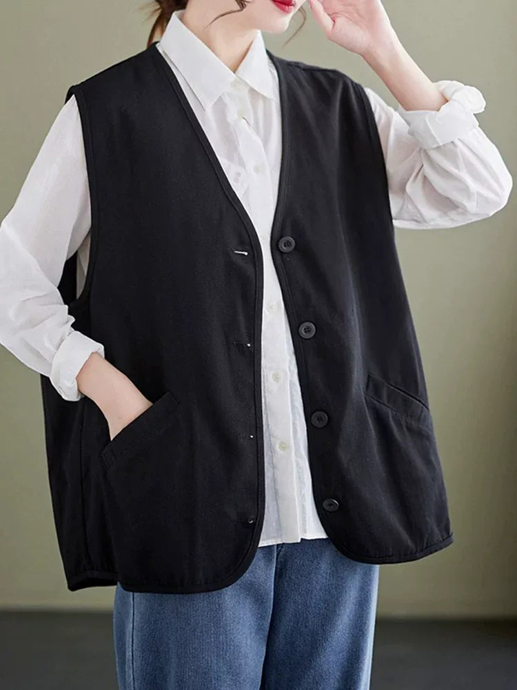 V-Neck Button Front Sleeveless Vest with Welt Pockets