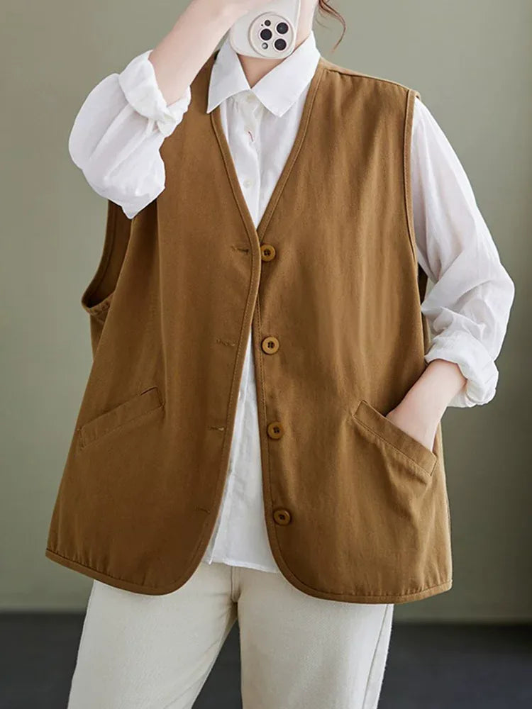 V-Neck Button Front Sleeveless Vest with Welt Pockets