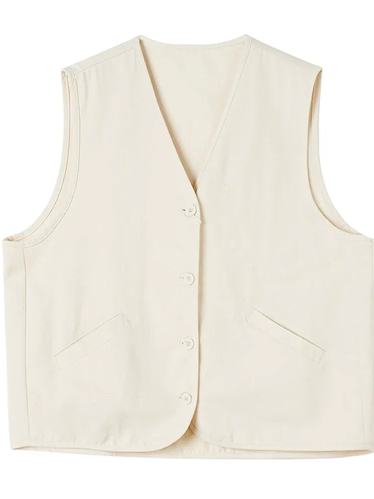 V-Neck Button Front Sleeveless Vest with Welt Pockets