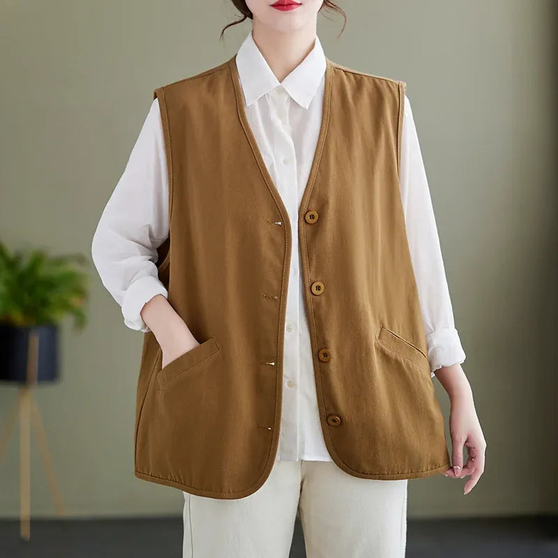 V-Neck Button Front Sleeveless Vest with Welt Pockets