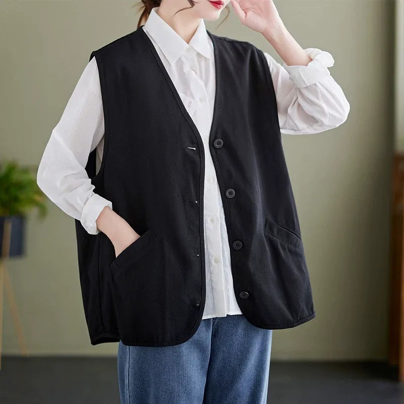 V-Neck Button Front Sleeveless Vest with Welt Pockets