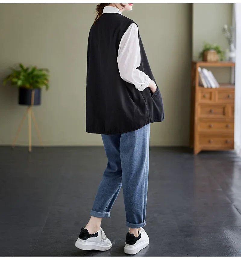 V-Neck Button Front Sleeveless Vest with Welt Pockets
