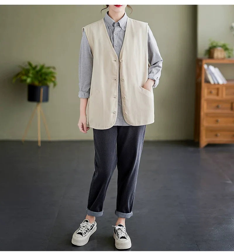 V-Neck Button Front Sleeveless Vest with Welt Pockets
