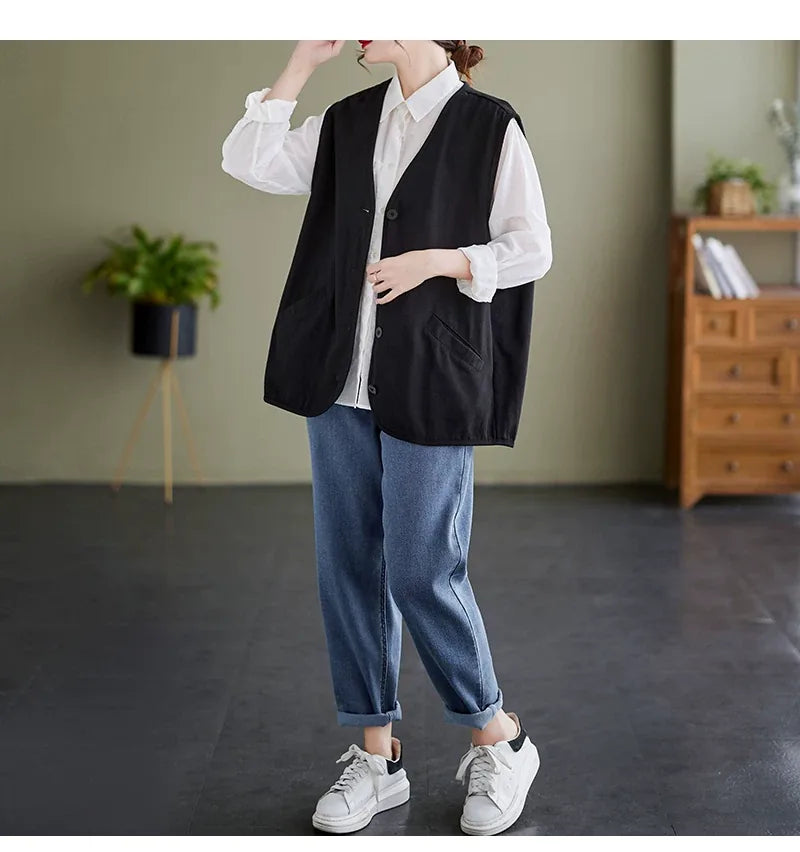 V-Neck Button Front Sleeveless Vest with Welt Pockets