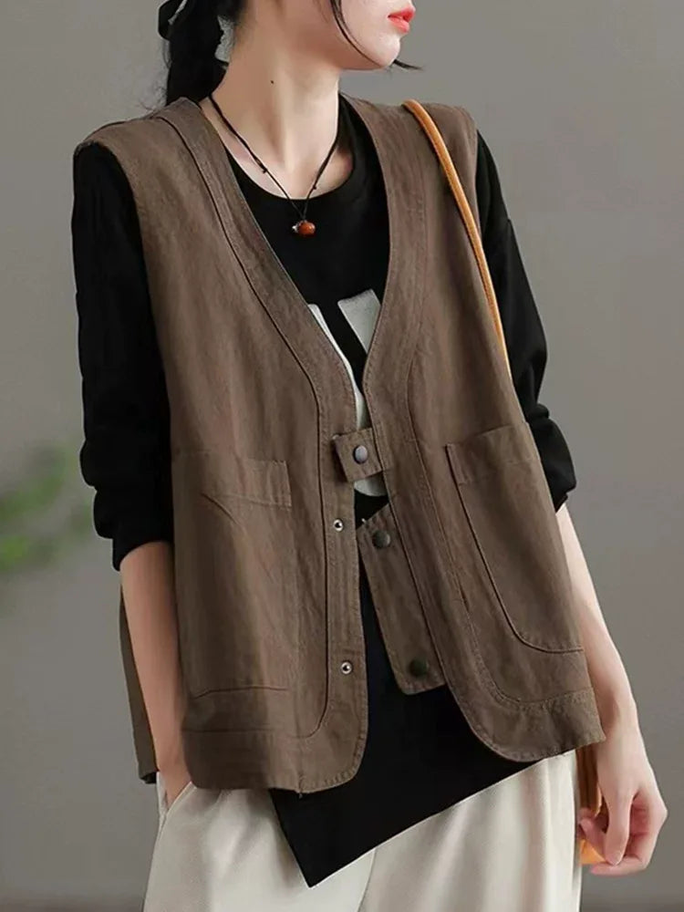 V-Neck Button Front Vest with Patch Pockets