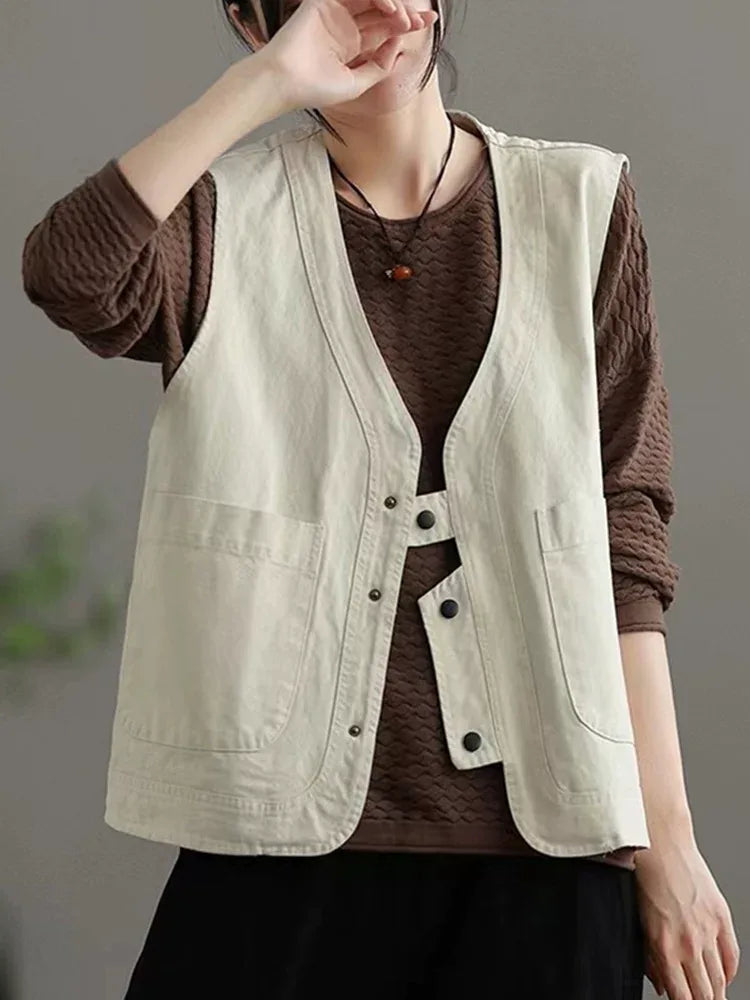 V-Neck Button Front Vest with Patch Pockets
