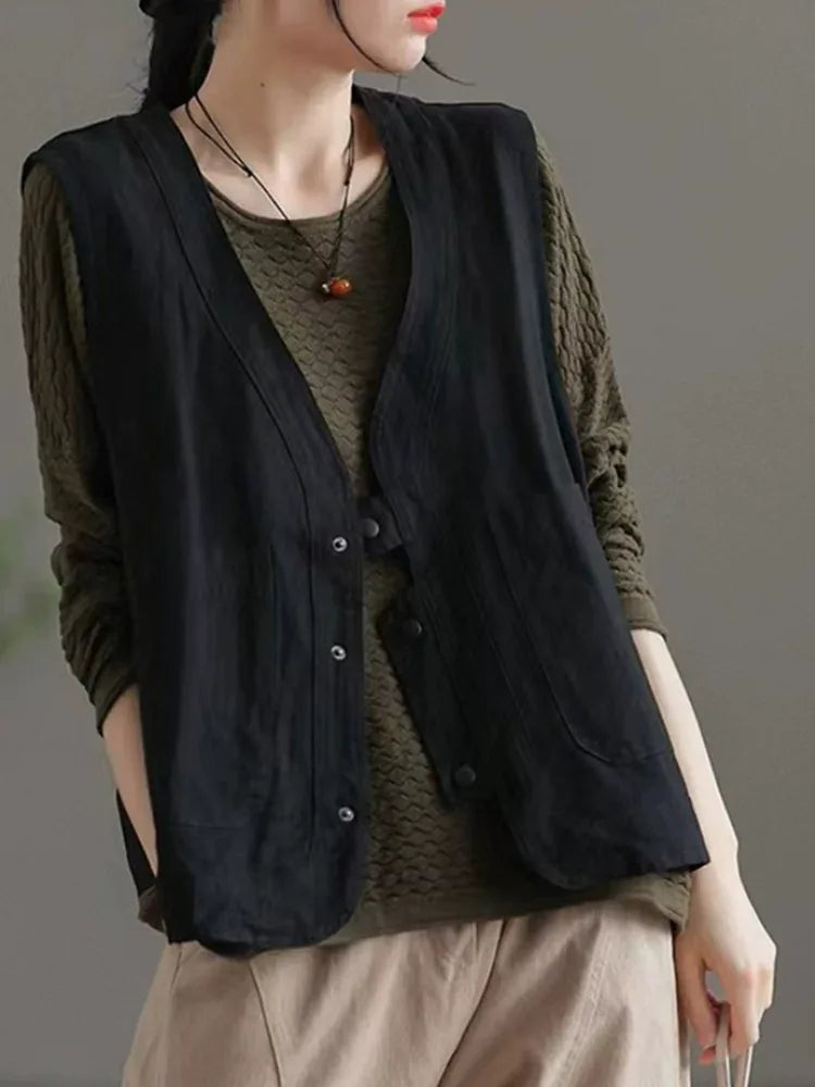 V-Neck Button Front Vest with Patch Pockets