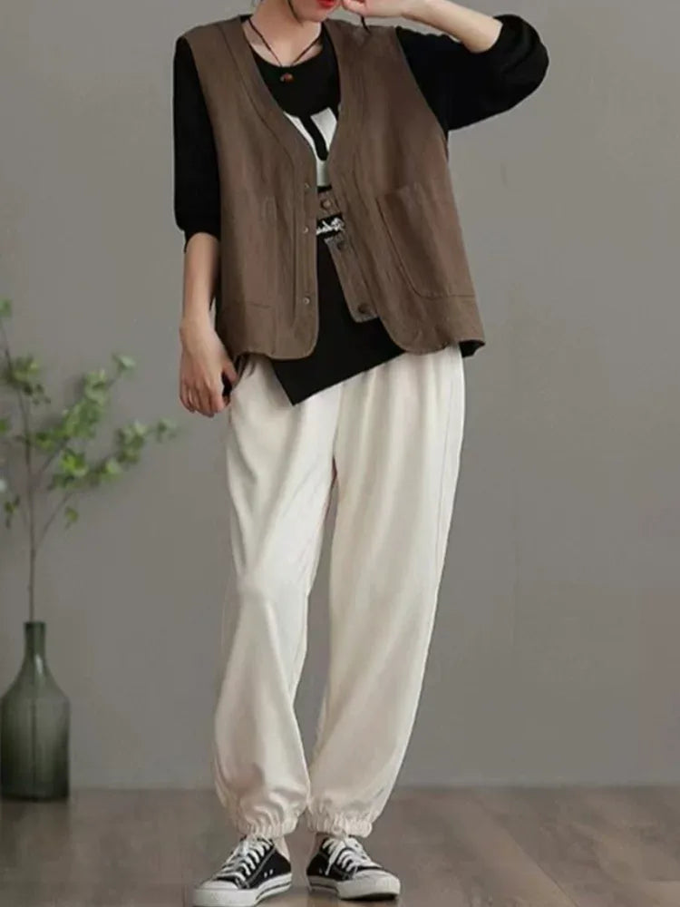 V-Neck Button Front Vest with Patch Pockets