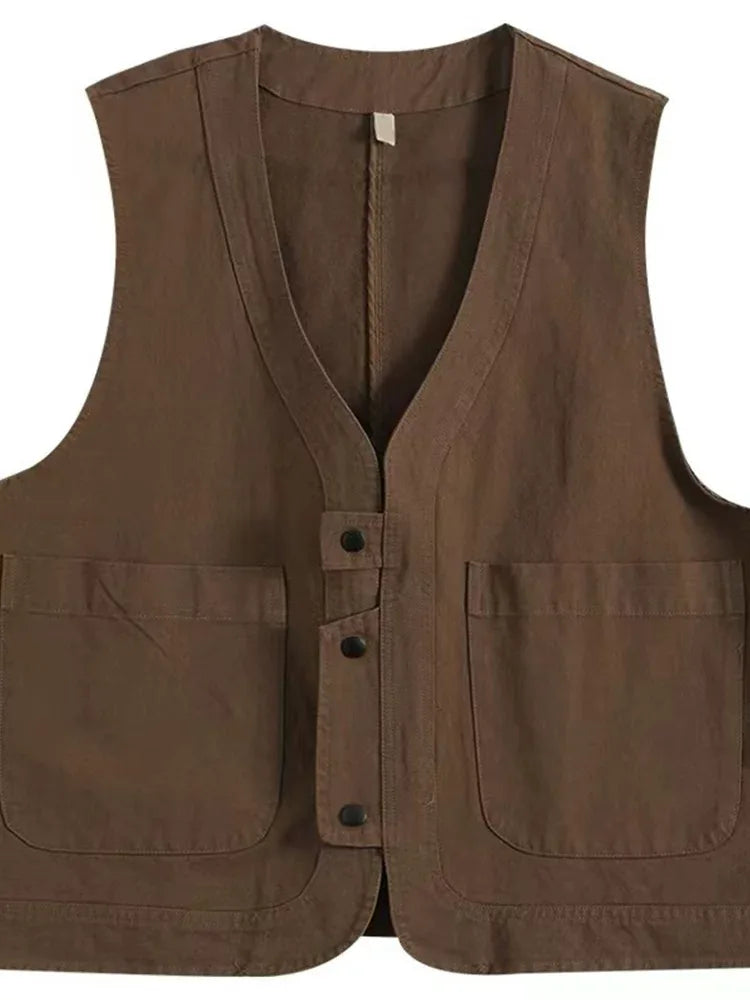 V-Neck Button Front Vest with Patch Pockets