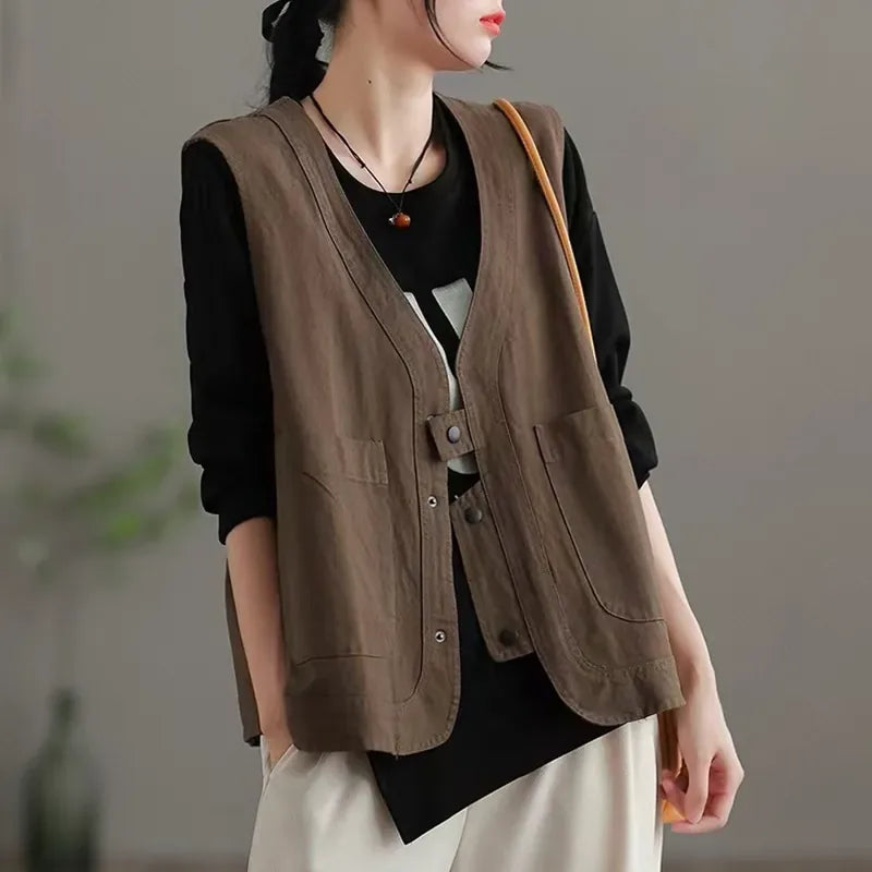 V-Neck Button Front Vest with Patch Pockets