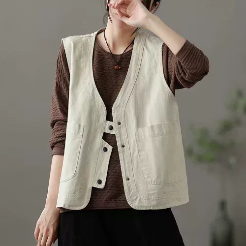 V-Neck Button Front Vest with Patch Pockets