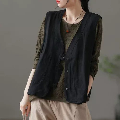V-Neck Button Front Vest with Patch Pockets