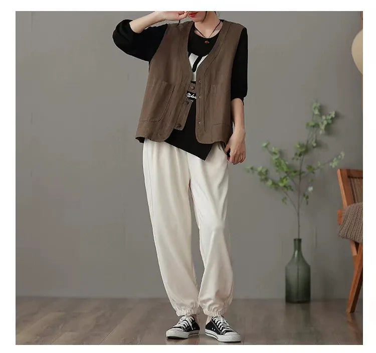 V-Neck Button Front Vest with Patch Pockets