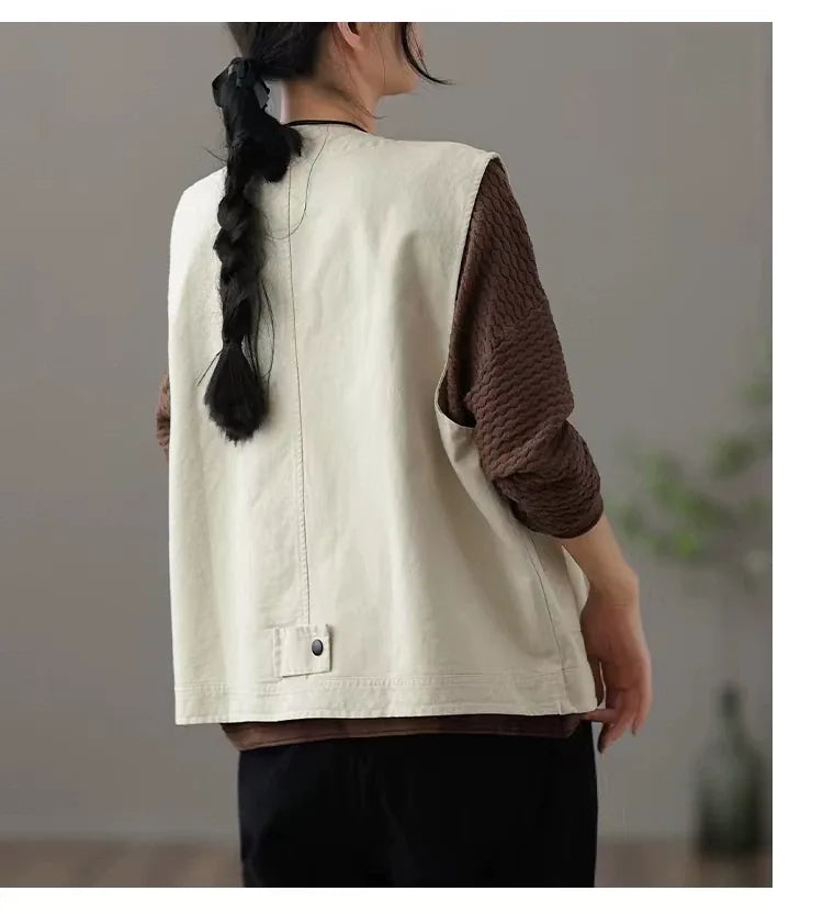 V-Neck Button Front Vest with Patch Pockets