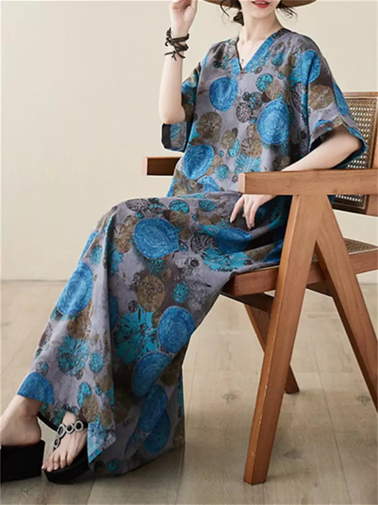 Blue Retro Flroal Print V-neck Linen Robe Dress Short Sleeve