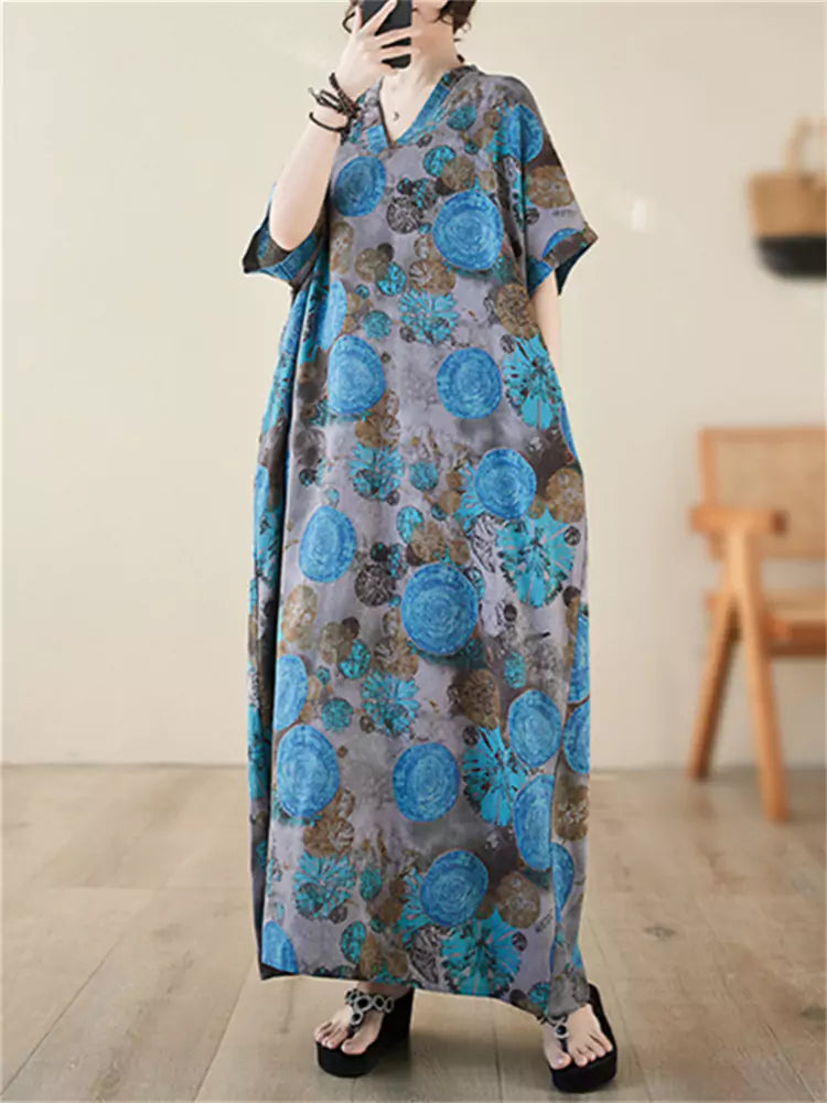 Blue Retro Flroal Print V-neck Linen Robe Dress Short Sleeve