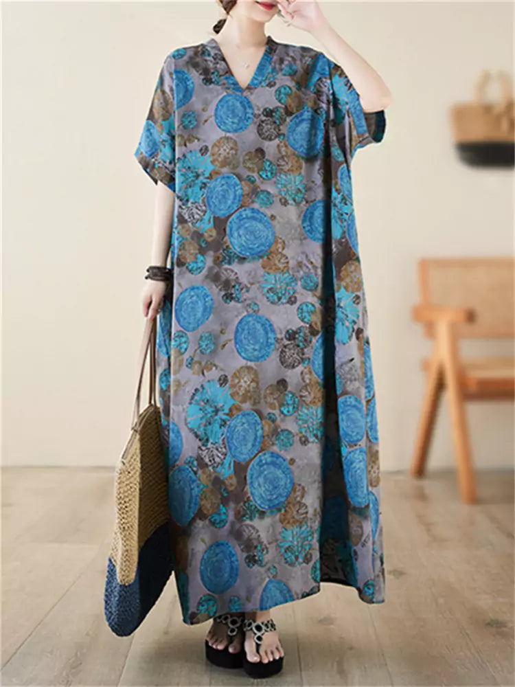 Blue Retro Flroal Print V-neck Linen Robe Dress Short Sleeve