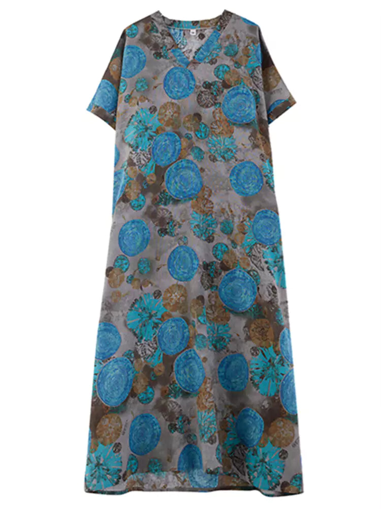 Blue Retro Flroal Print V-neck Linen Robe Dress Short Sleeve