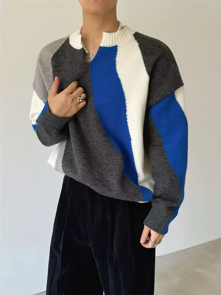 V-neck Retro Colorblock Striped Knit Sweater