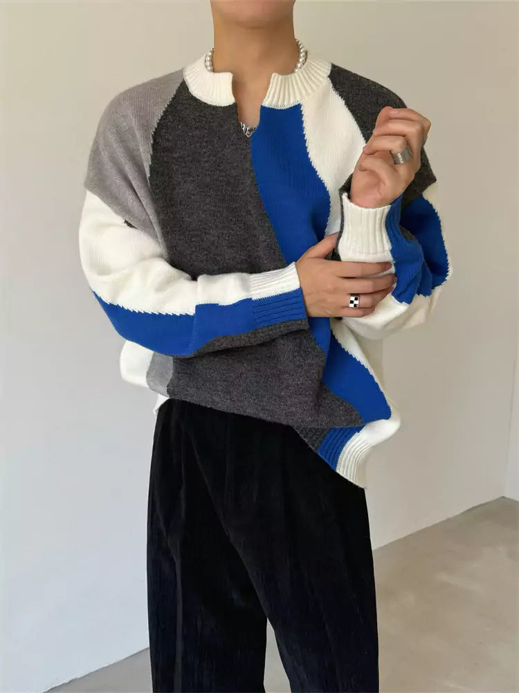V-neck Retro Colorblock Striped Knit Sweater