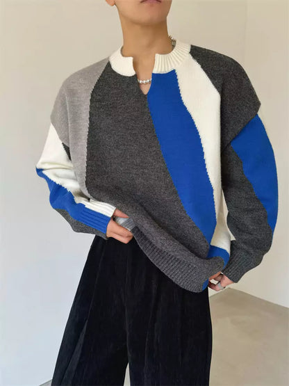 V-Ausschnitt Retro Colorblock Streifenstrickpullover