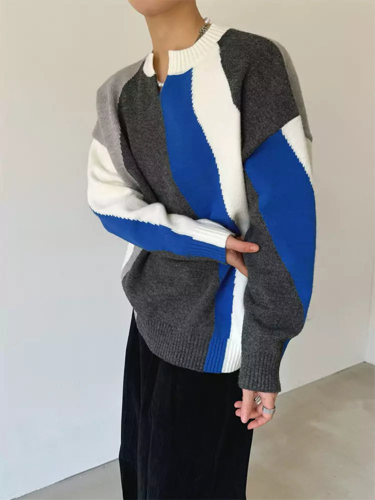 V-neck Retro Colorblock Striped Knit Sweater