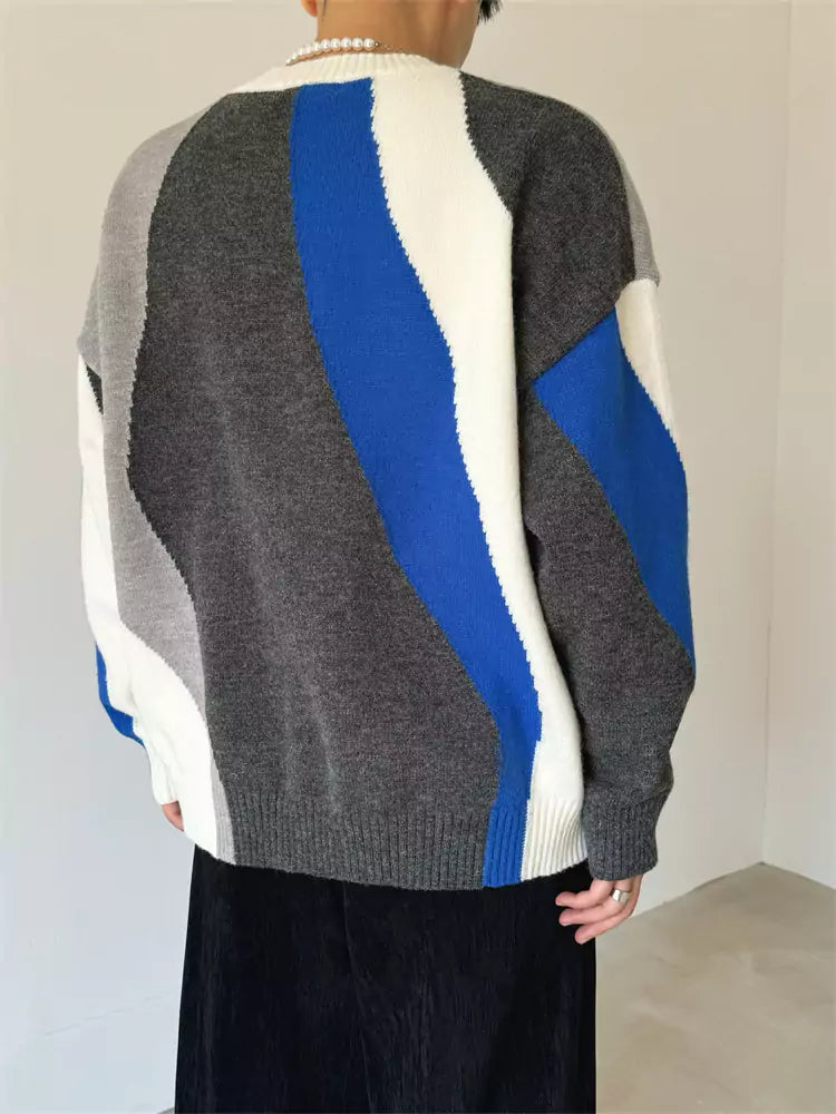 V-neck Retro Colorblock Striped Knit Sweater