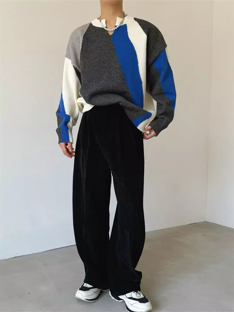 V-neck Retro Colorblock Striped Knit Sweater