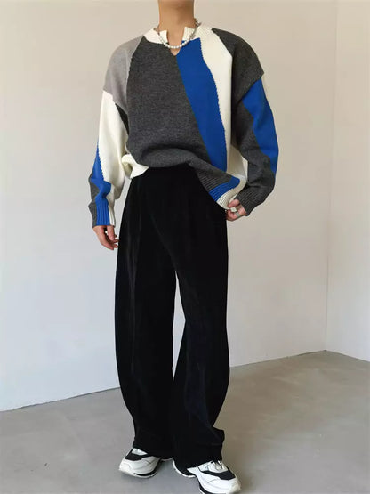 V-Ausschnitt Retro Colorblock Streifenstrickpullover