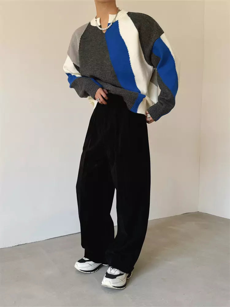 V-neck Retro Colorblock Striped Knit Sweater