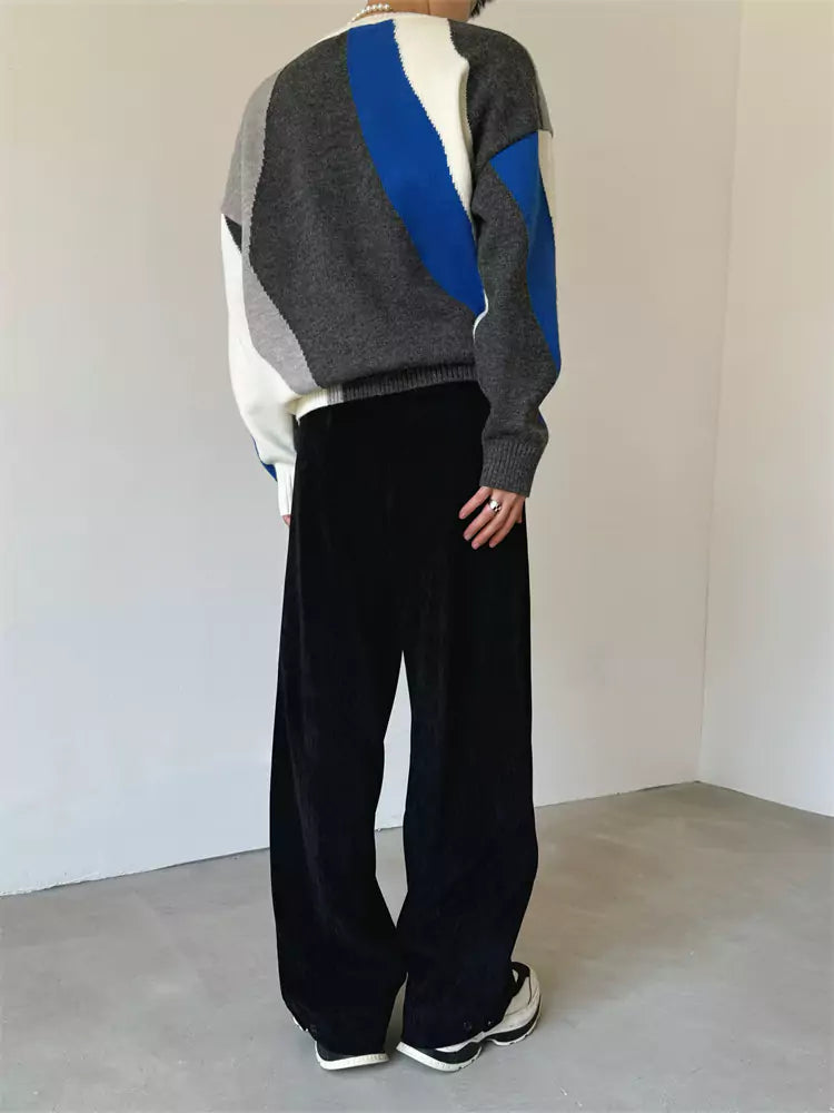 V-neck Retro Colorblock Striped Knit Sweater