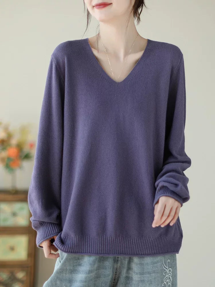 V-Neck Solid Color Long Sleeve Knit Sweater