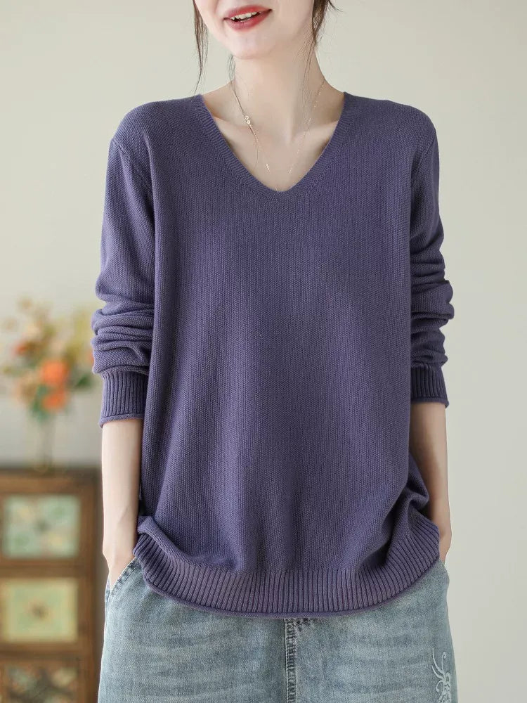 V-Neck Solid Color Long Sleeve Knit Sweater