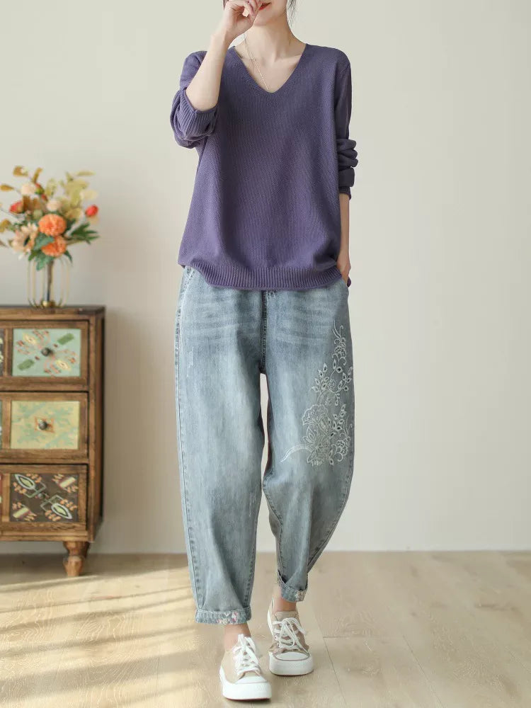 V-Neck Solid Color Long Sleeve Knit Sweater