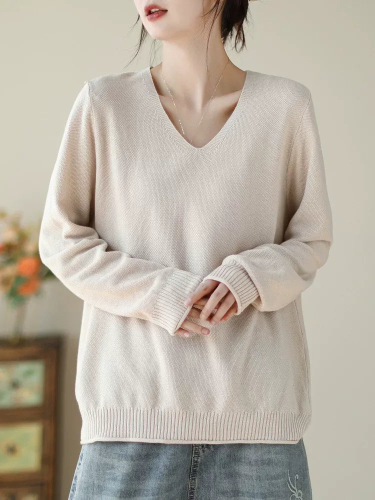 V-Neck Solid Color Long Sleeve Knit Sweater