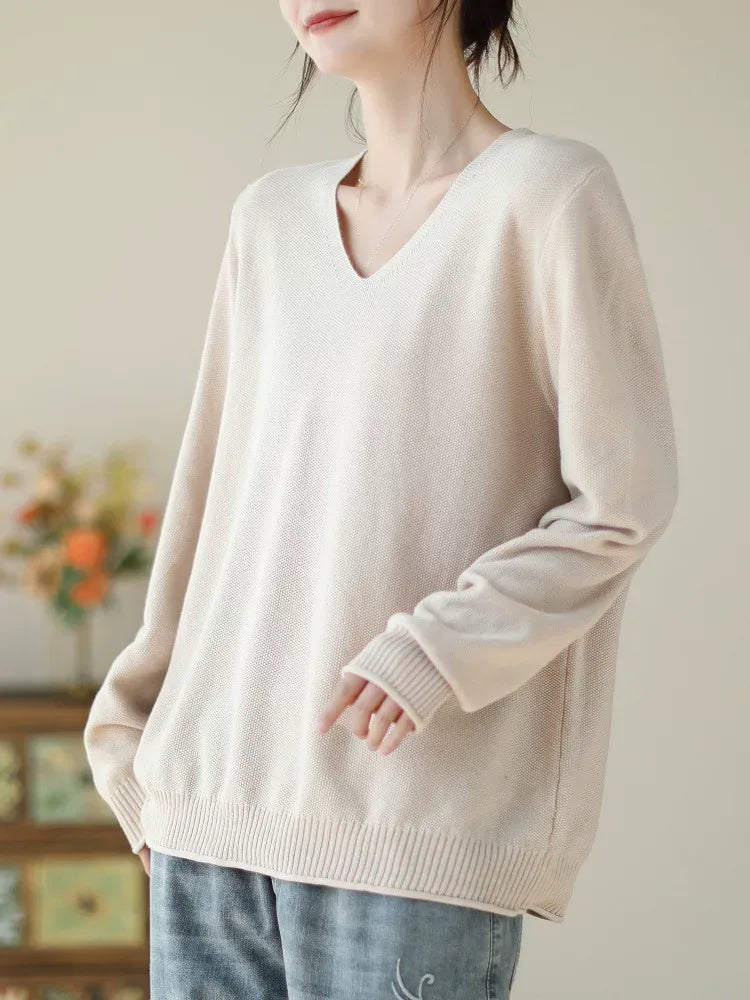 V-Neck Solid Color Long Sleeve Knit Sweater